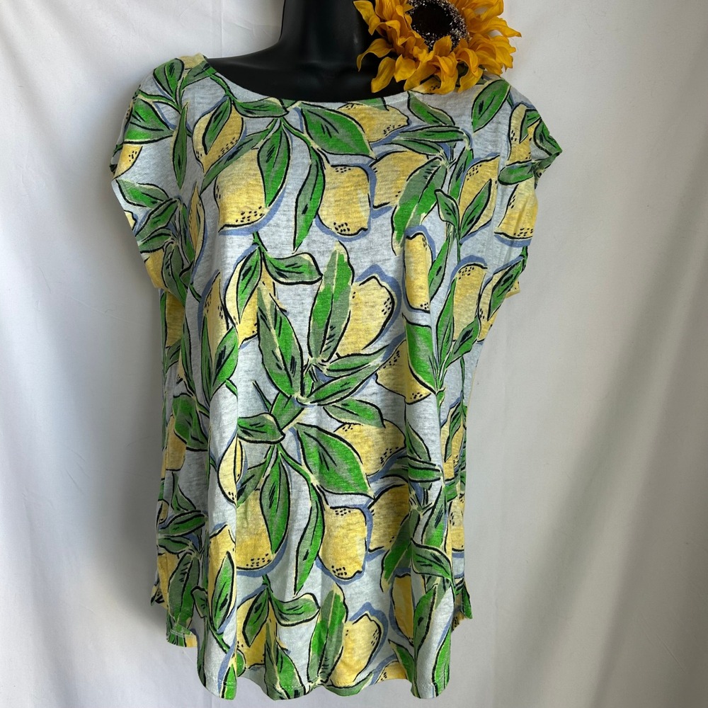 Isaac Mizrahi (Top) (M) [Yellow/Green] EXCELLENT Linen Lemon Print Cap Sleeve - Picture 8 of 9